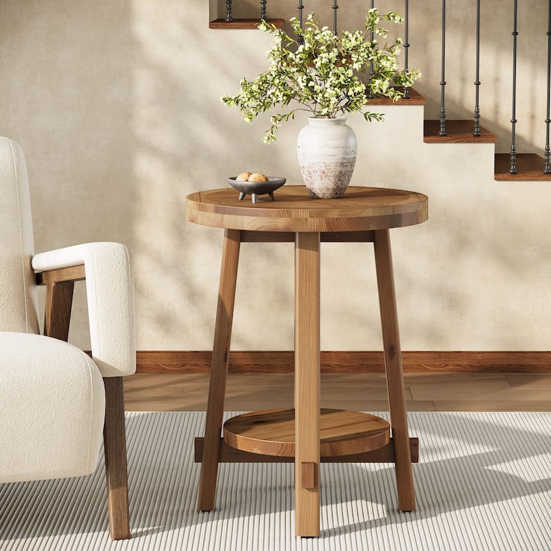 Round Side Table, Solid Wood 2 Tier End Table for Living Room - Natural Brown-1 PC