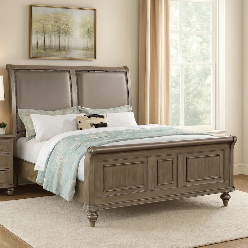 Ella Modern California King Bed, Faux Leather Upholstery, Nailhead, Gold