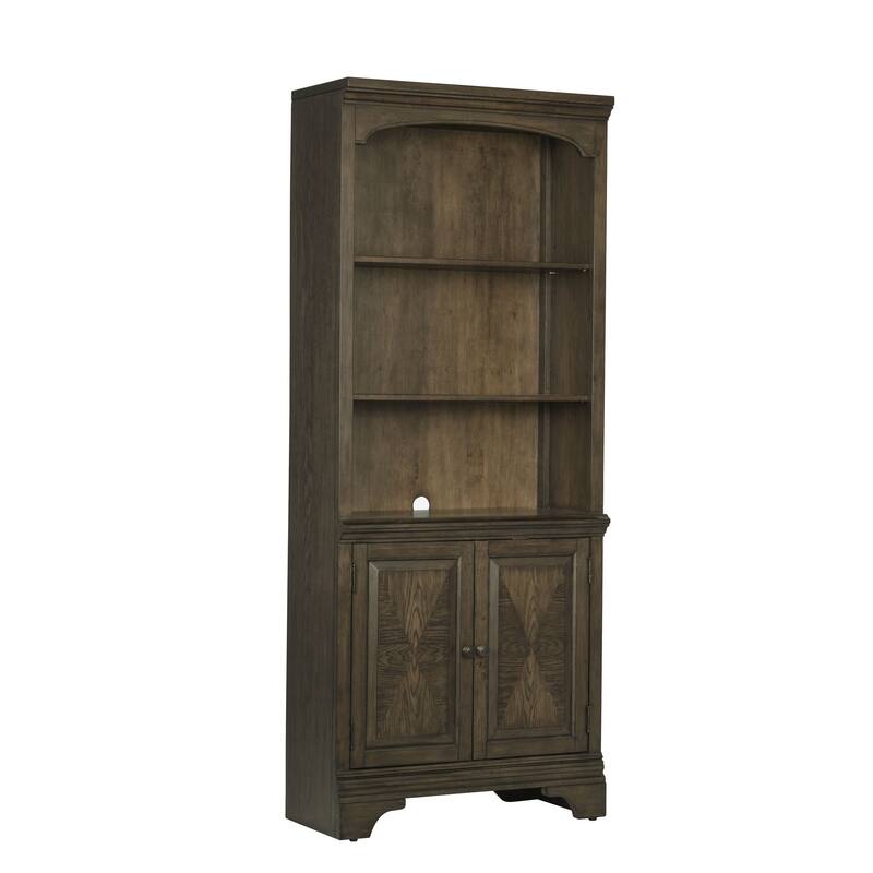 Tia 78 Inch Classic 3 Tier Rubberwood Bookcase, 2 Door Cabinet, Oak Brown
