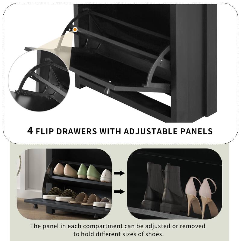 Slim Shoe Cabinet Set with 4 Flip Drawers, Wood Grain Pattern Top Shoe Storage Solution with Adjustable Panel