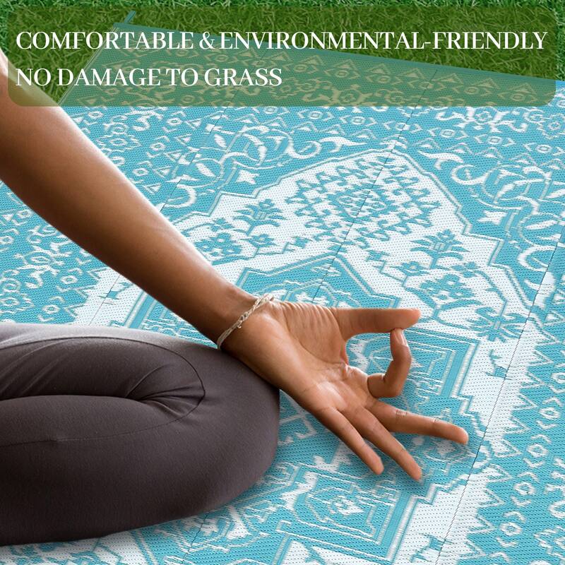 Outdoor Patio Rug Waterproof Reversible Carpet Vintage Boho Medallion Rug Plastic Straw Rug