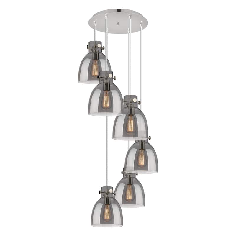 Innovations Lighting Newton Bell - 6 Light 8" Cord Hung Multi Pendant - 14" Canopy - Polished Nickel/Light Smoke