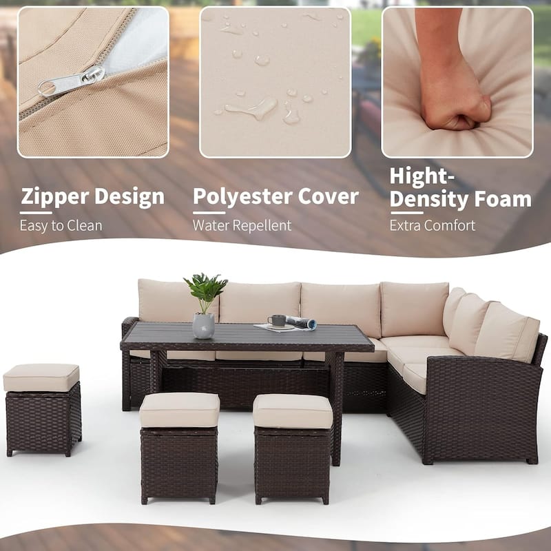 AECOJOY 7-Piece Outdoor Patio Wicker Sectional Sofa with Dining Table