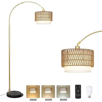 72.8 Inch Farmhouse Arc Floor Lamp With Remote Dimmable Rattan Shade - 63"h