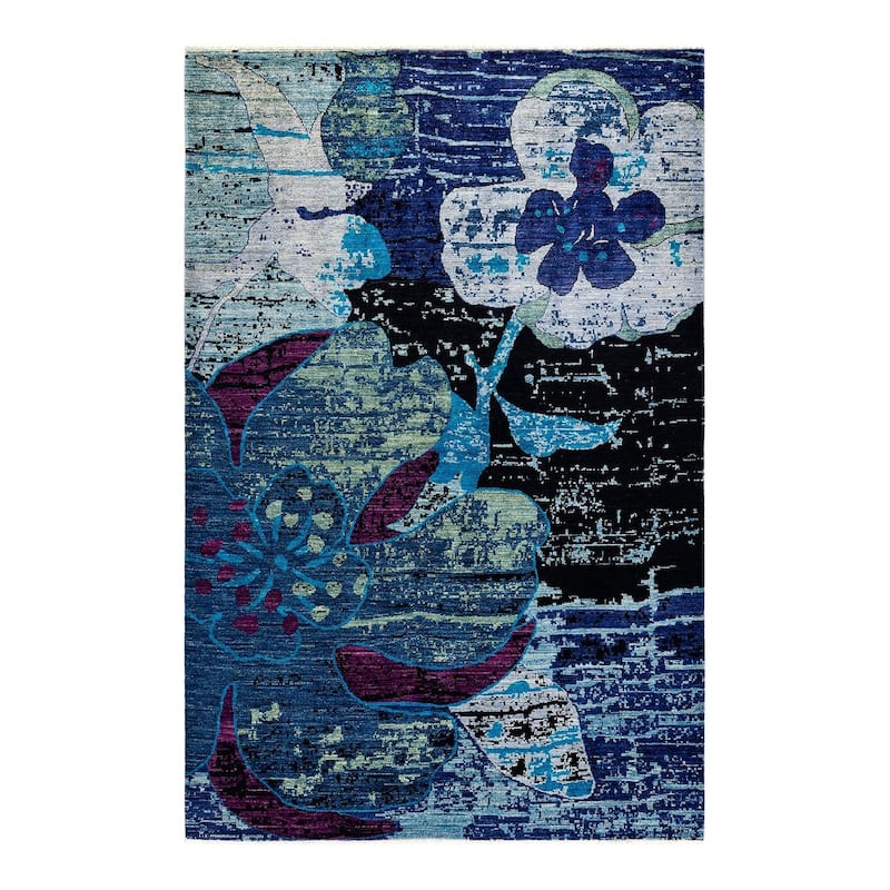 Overton Hand Knotted Wool Vintage Inspired Modern Contemporary Eclectic Blue Area Rug - 6' 2" x 9' 3"