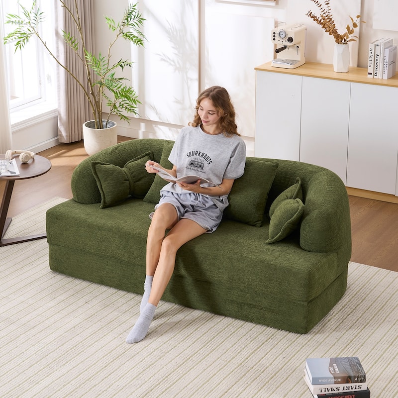 Modern 2-in-1 2-Seater Sofa Folding Sofa Bed with 4 Pillows, Chenille Fabric, for Apartment Living Rooms, Green