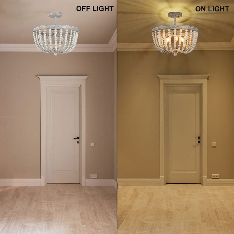 Farmhouse 3-Light Wood Beaded Semi Flush Mount Coastal Ceiling Light - D16" x H13.5"