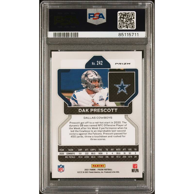 Dak Prescott 2021 Panini Prizm Red White Blue Football Card #242 Graded PSA 10 - 8'6" x 11'6"