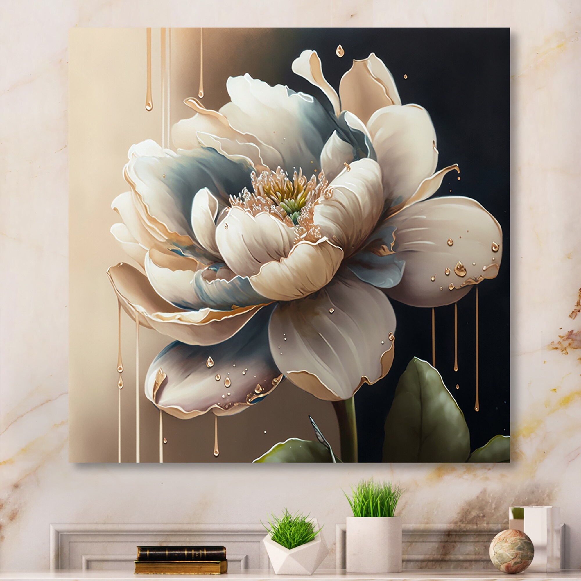 Designart 'Deep Blue And Gold Single Flower VI' Floral & Botanical ...