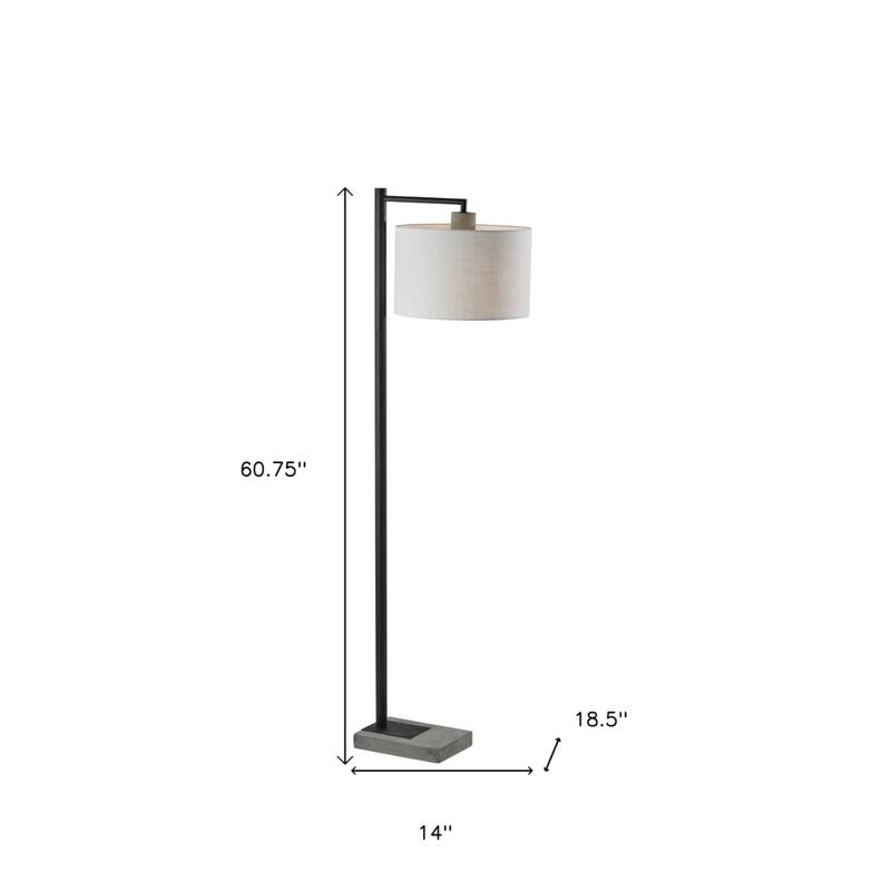 61" Tall Arc Floor Lamp with Cement Base and White Drum Shade Black Steel Frame for Living Room - 60.75”H x 14”W x 18.5”D