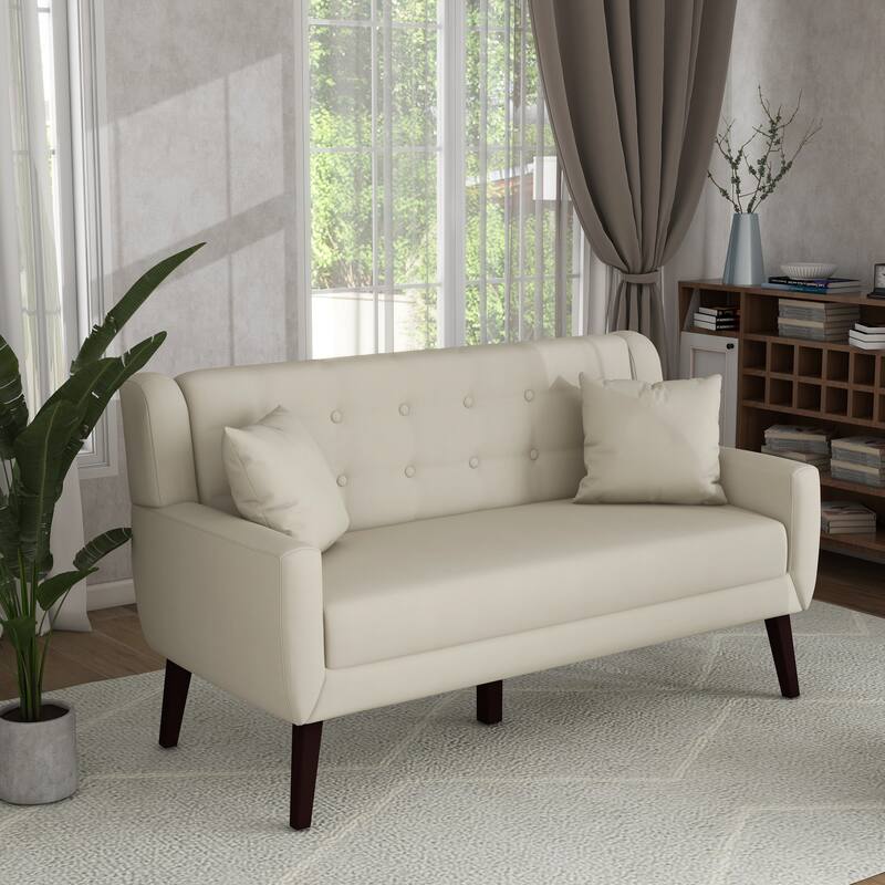 Mid-Century 63-Inch Linen Tufted Loveseat Sofa with Pillows
