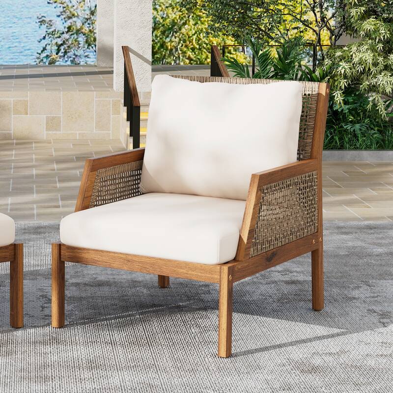 Roomfitters Acacia Wood Outdoor Club Chair with Wicker Accents, Deep Seating, Teak and Mix Brown - 1-Piece