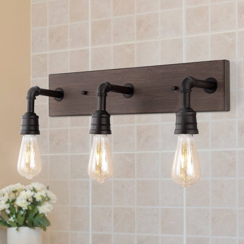 Billy 22.13" 3-Light Rustic Farmhouse Iron LED Vanity, Oil Rubbed Bronze/Brown Wood Finish by JONATHAN Y