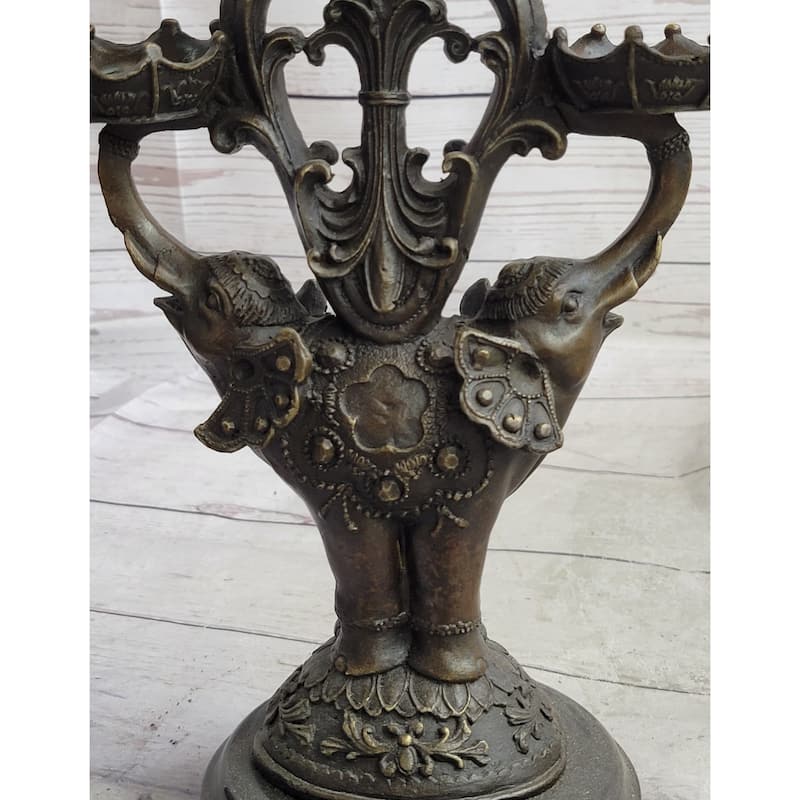 Two Headed Imitative Elephant Candle Holder Bronze Sculpture Marble Base Figurine Statue