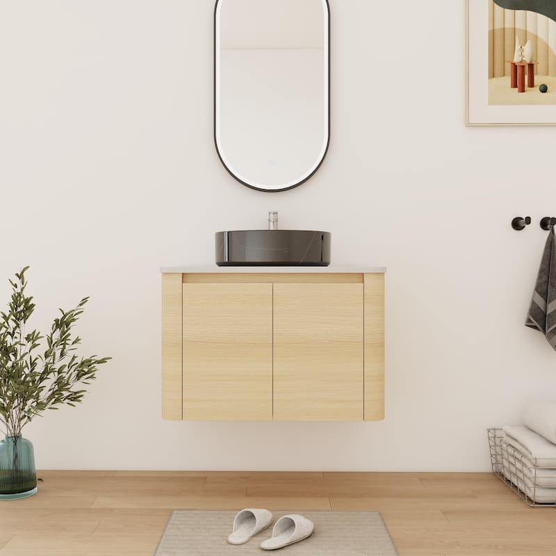 Bathroom Vanity With Sink In 24/30 Inch, Floating Bathroom Vanity With Soft Close Door - 29.5''W×18.6''D×24.4''H - White Oak-Black with white patterns