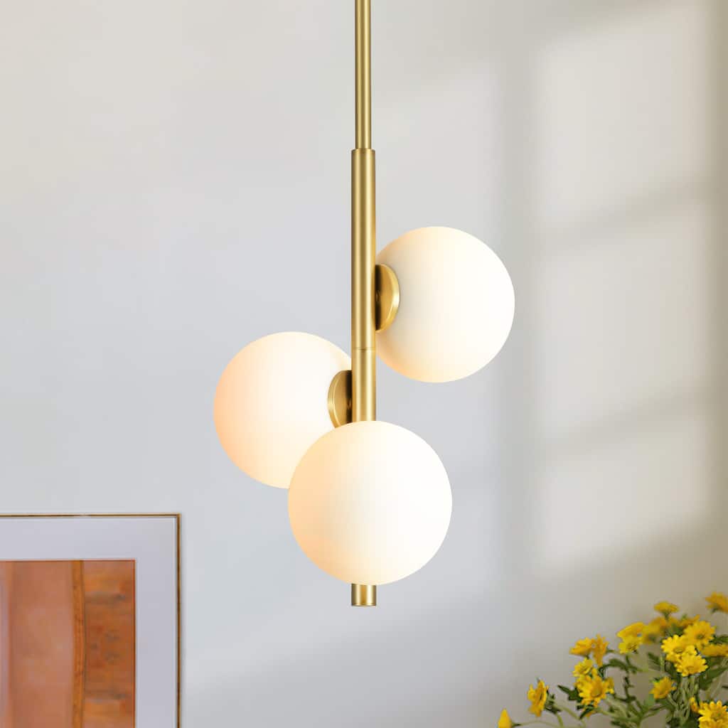 Rennnsan 3-Light Modern Vertical Gold Opal Glass Globe Pendant Ligh for Entryway & Bedroom - 10.2 in. W x 13.8 in. H