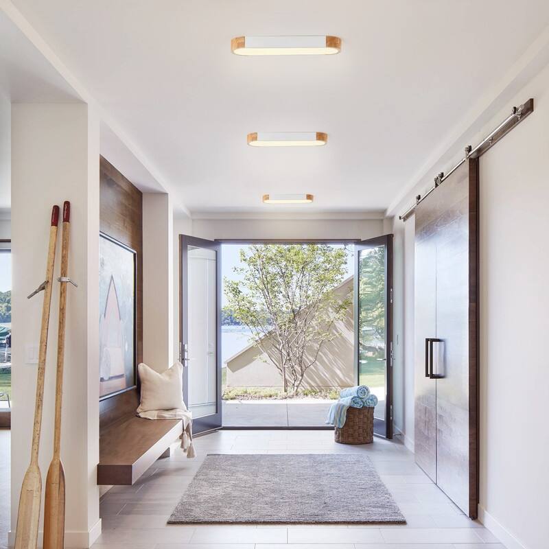 Modern Wood Grain Linear Flush Mount Ceiling Light Matte White LED Fixture for Bedroom Living Room Kitchen