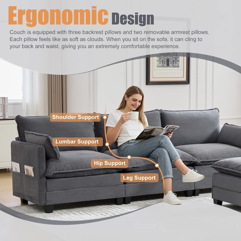 Oversized Modular Sectional Sofa with Ottoman, 102 Inch 4 Seat Corduroy L Shaped Couch for Living Room