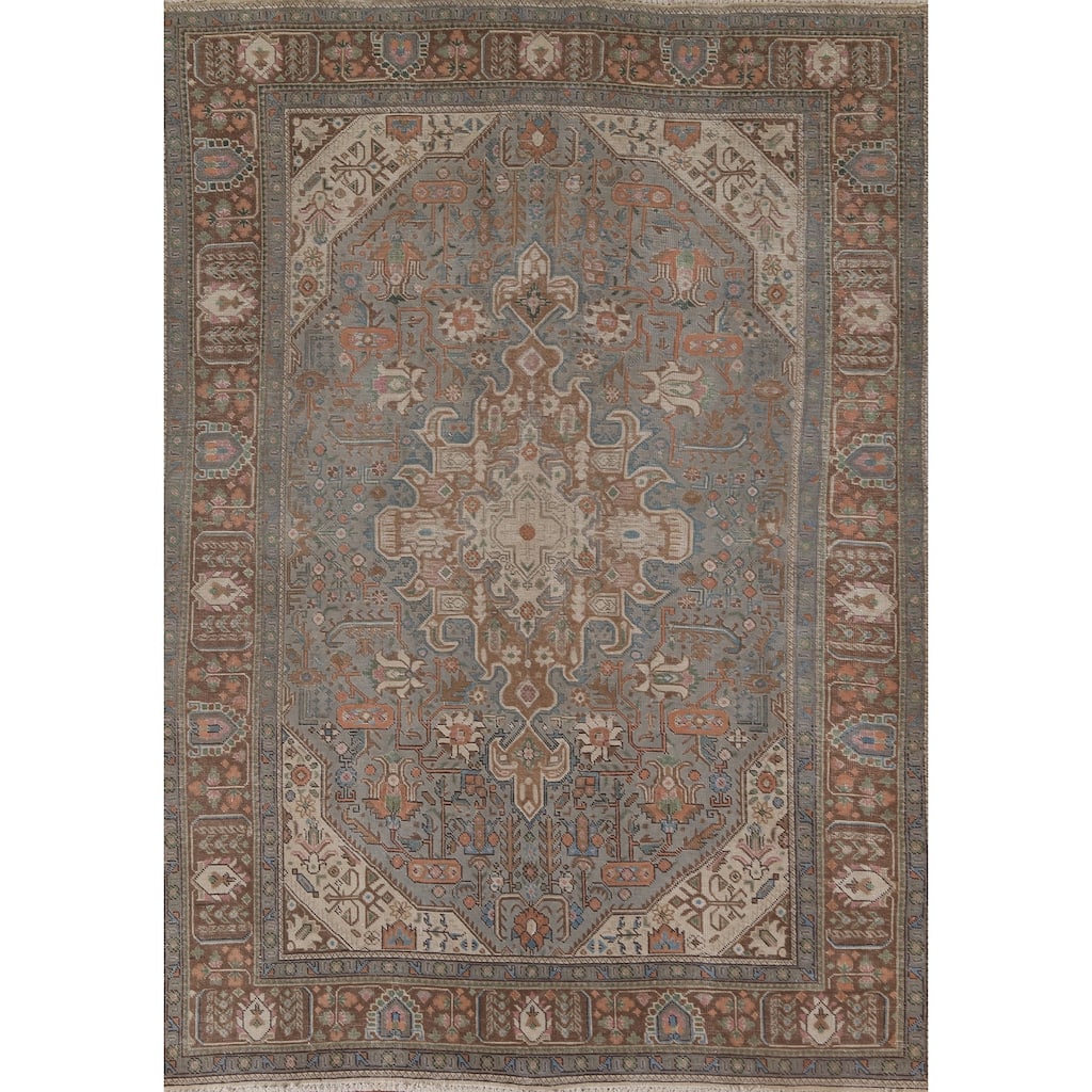 Gray Geometric Tabriz Persian Vintage Rug Hand-Knotted Wool Carpet - 6'5" x 9'5"