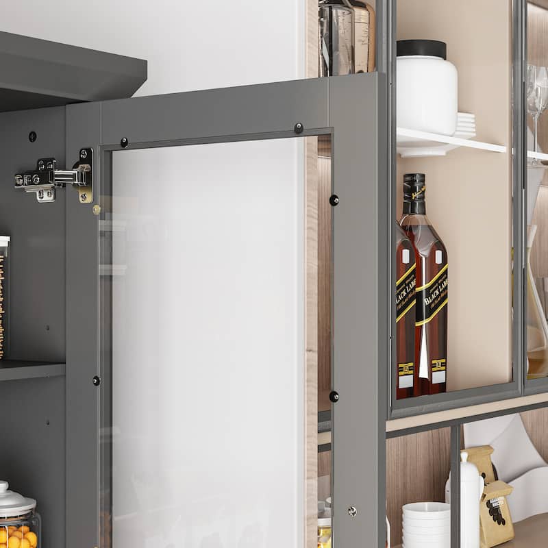 Grey Kitchen Cabinet: Ample Storage with Glass - door Display and Drawers Pantry Buffet