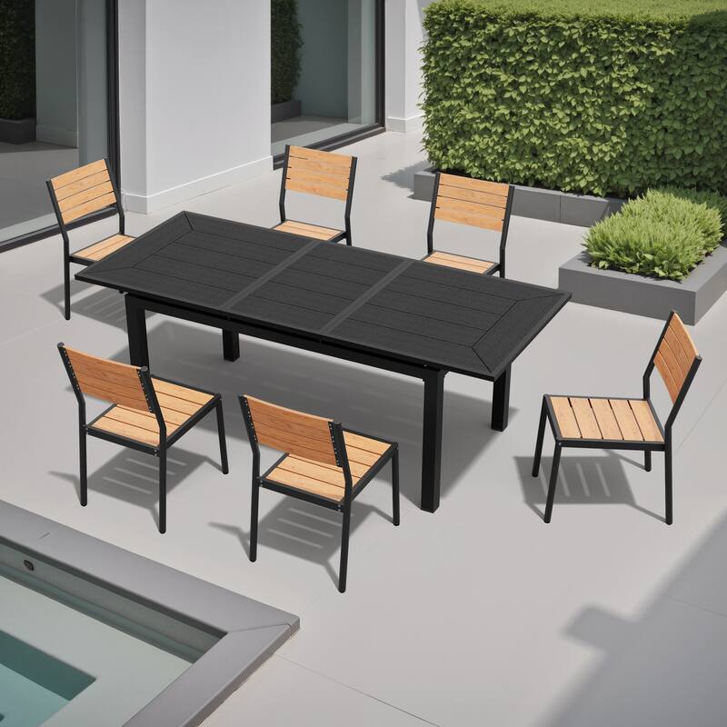 7-Piece Set Outdoor Patio Extendable Dining Table Aluminum with Stackable Chairs - Brown