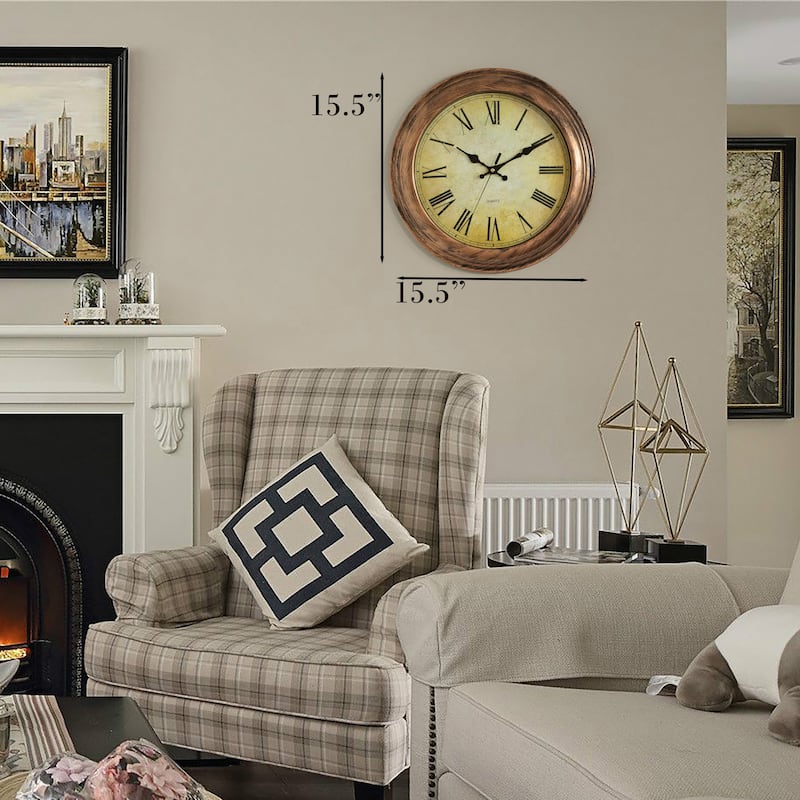 15.5 in Wall Clock for Home Kitchen Living/Dining Room Office Over Fireplace Decor, Easy to Read, Rustic Bronze, Non-Ticking