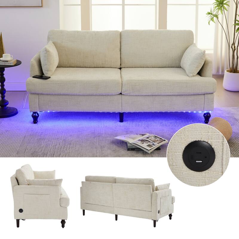 Multifunctional Sofa Couch Beige Loveseat with Lights & Side Pocket, 2-Seater Sofa Couch with Charging Port
