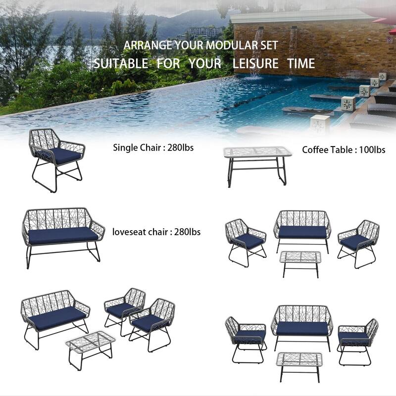 4-Piece Outdoor Rattan Sofa Set with Glass Table & Waterproof Cushions