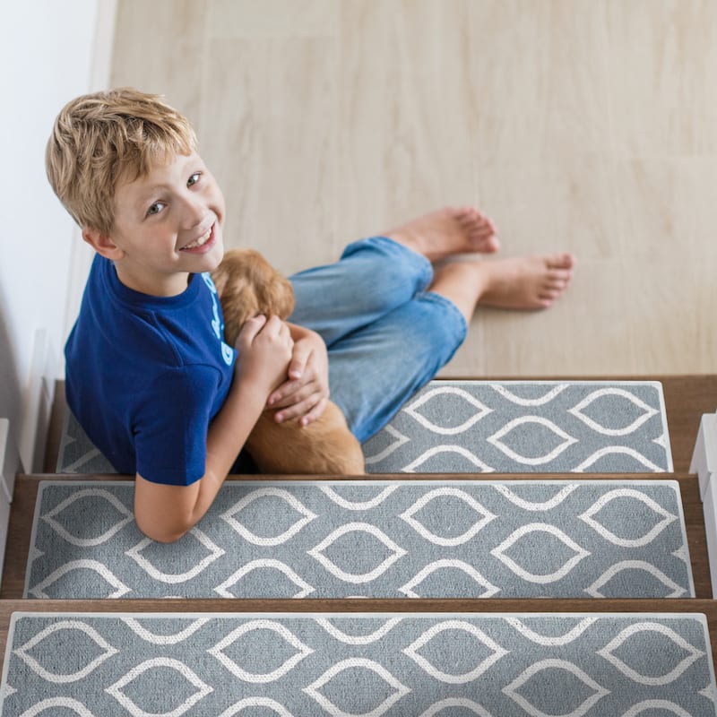 SussexHome Drop Design 9" X 28" Stair Treads - 70% Cotton Anti-Slip Carpet Strips for Indoor Stairs-with Double Adhesive Tape - 4 PACK - Gray