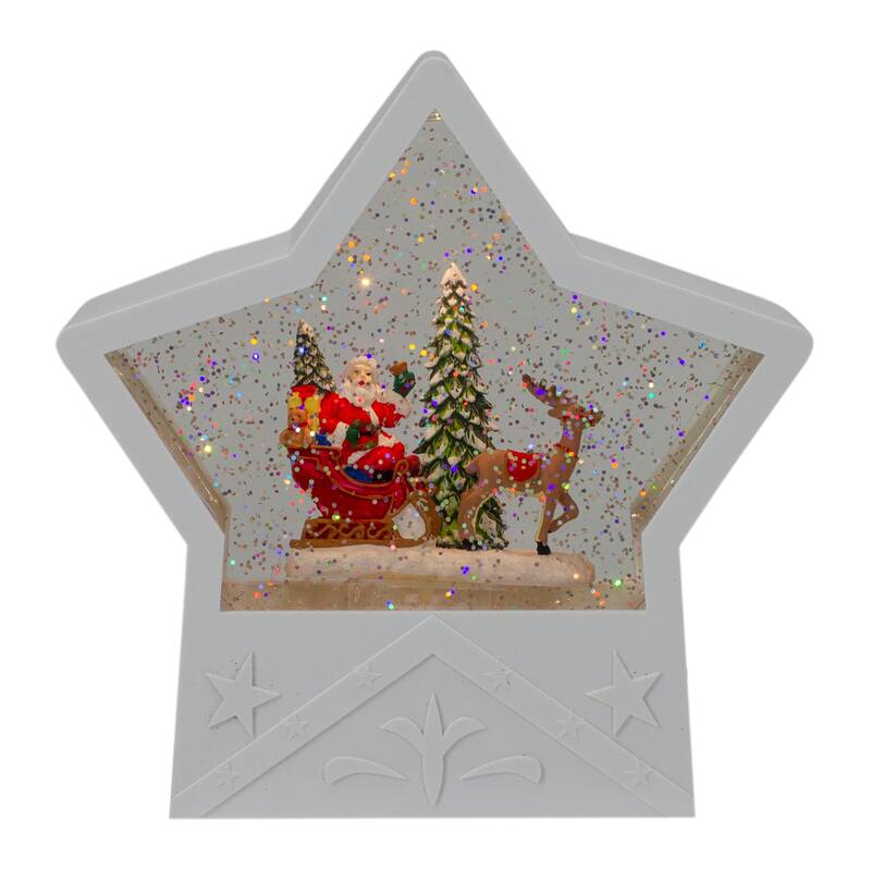 7" Lighted White Star Christmas Snow Globe with Santa in Sleigh