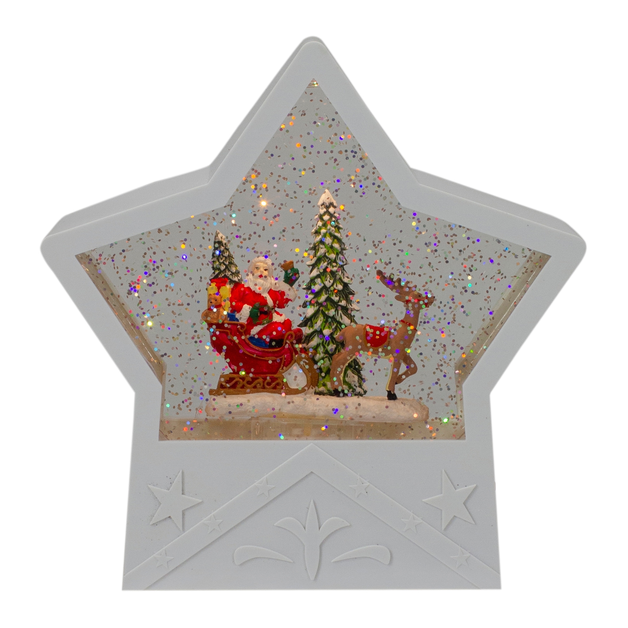 7" Lighted White Star Christmas Snow Globe with Santa in Sleigh