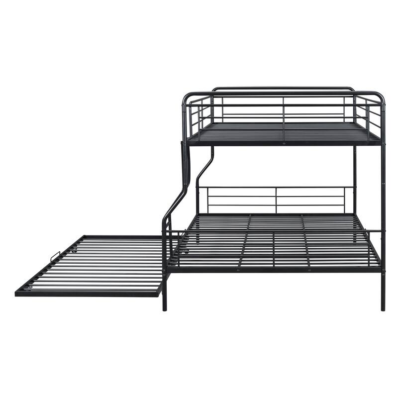 Modern Full XL Over Queen Bunk Bed with Trundle and Guardrails, Sturdy Metal
