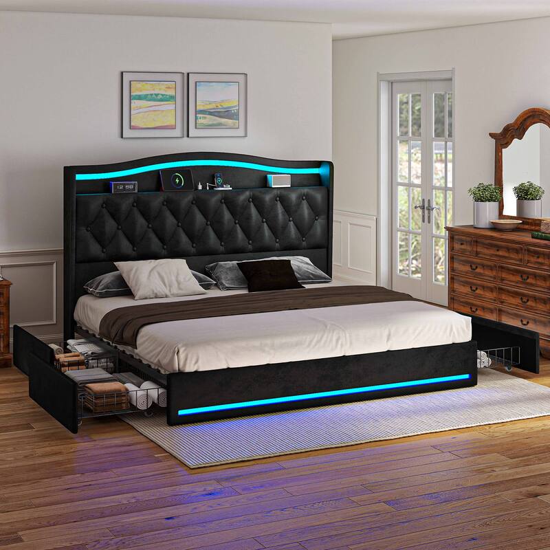 Moasis Queen Size Velvet Upholstered Bed Frame with 4 Storage Drawers & RGB Lights - Black - King