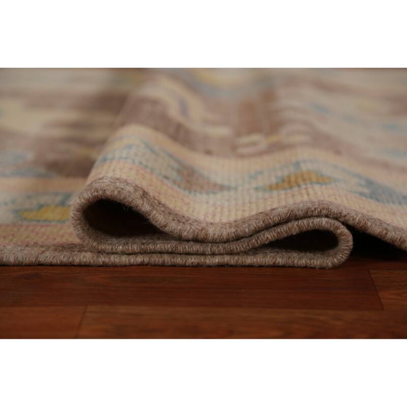 Hand Knotted Oriental 100% Wool Carpet Transitional Geometric Brown Oushak Runner Rug - 12' 3'' X 3' 2''