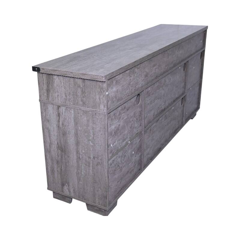 Country Style TV Stand LED TV Stand with Lron Mesh Barn Door and Y Decorative Strip, for Living Rooms, Antique Gray
