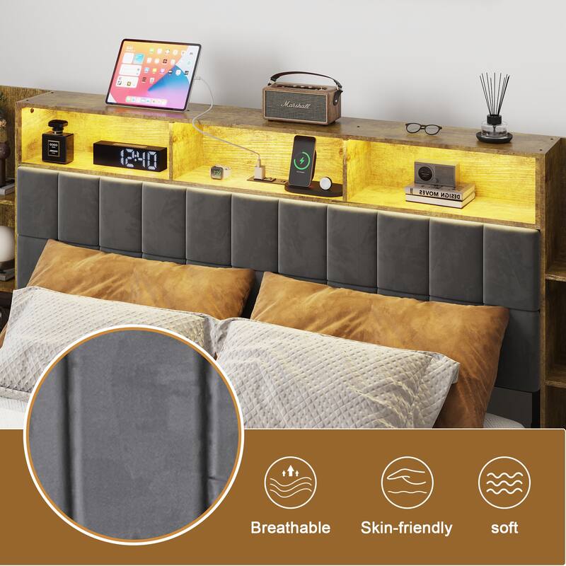 Queen Size Platform Bed Frame with LED Lights, Charging Station, and Storage Shelves, No Box Spring Required for Bedroom