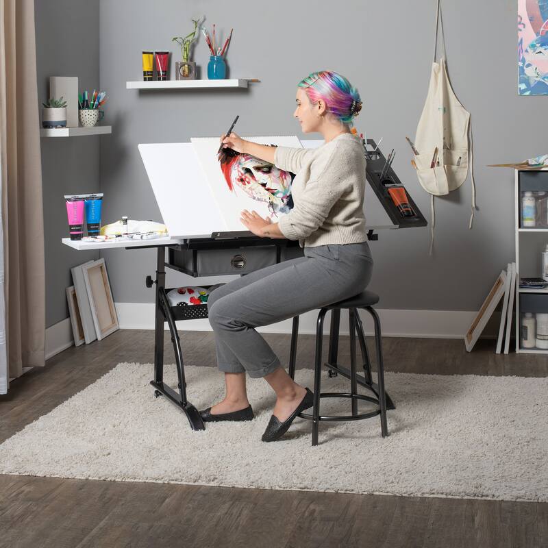 Core Craft Center, 2 piece Drawing, Drafting and Craft Table with Stool, Gunmetal-Gray/White