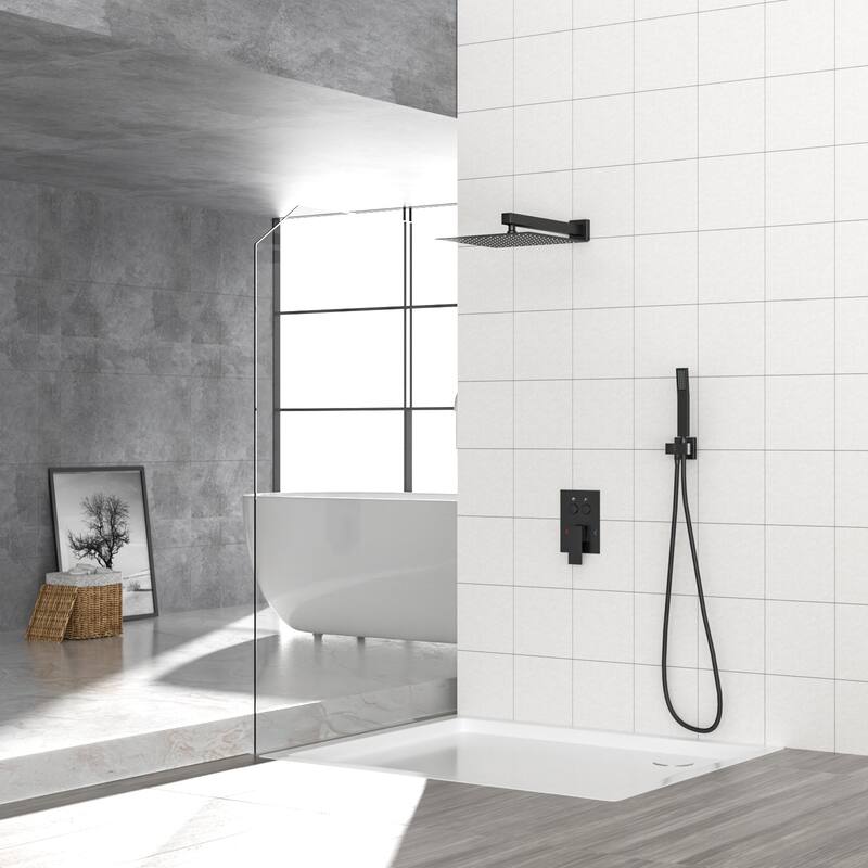 Dual Shower Head - 10 Inch Wall Mounted Square Shower System with Rough-in Valve, Brushed Nickel