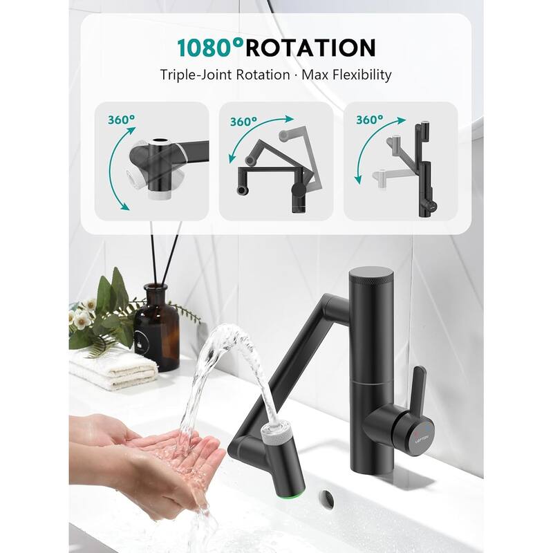 Lefton Rotatable Single Hole Bathroom Sink Faucet with Built-in Filter, Temperature Display in Fahrenheit, 2 Water Modes