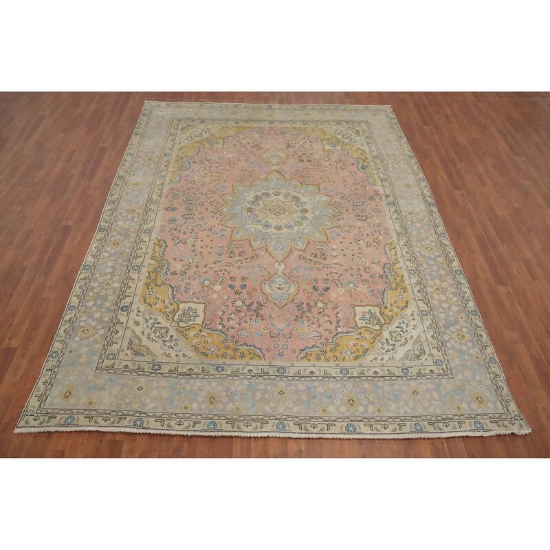 Hand Knotted Oriental 100% Wool Carpet Traditional Floral Pink Tabriz Area Rug - 10' 8'' X 7' 10''