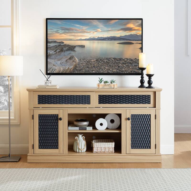 Embossed Pattern TV Stand, TV and Media Console with Open and Closed Storage Space and sliding door