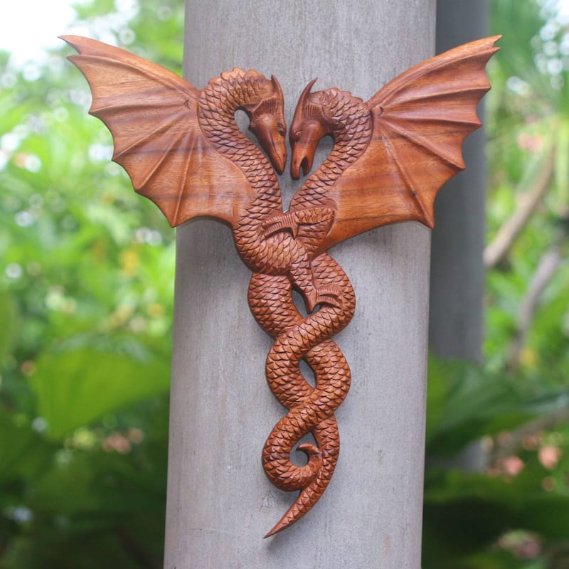 Wood relief panel, 'Dragon Couple'