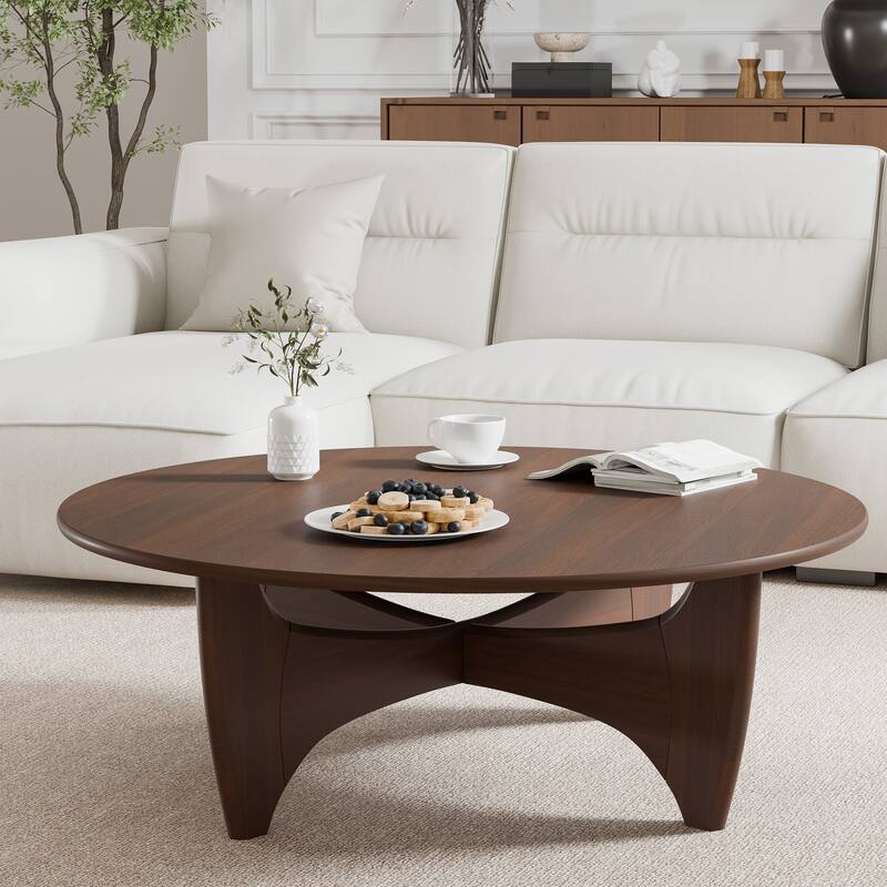 Round Modern Coffee Table Farmhouse Solid Wood Tea Table with Cross Sturdy Legs for Home Office Living Room - 16 in.H x 38 in.W