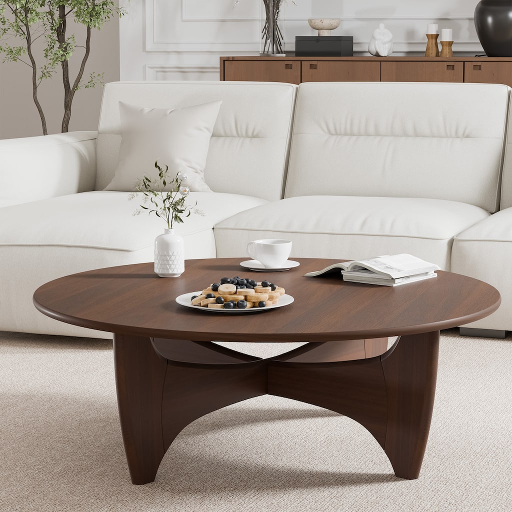 Round Modern Coffee Table Farmhouse Solid Wood Tea Table with Cross Sturdy Legs for Home Office Living Room - 16 in.H x 38 in.W