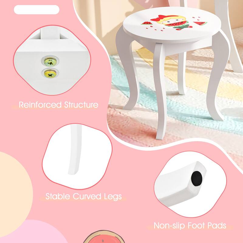 Gymax Kid Vanity Table Stool Set Storage Drawer Watermelon Patterns