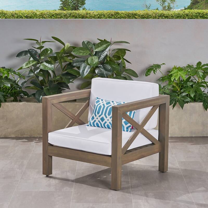 Mid Century Modern Acacia Wood Patio Club Chair - Grey and White