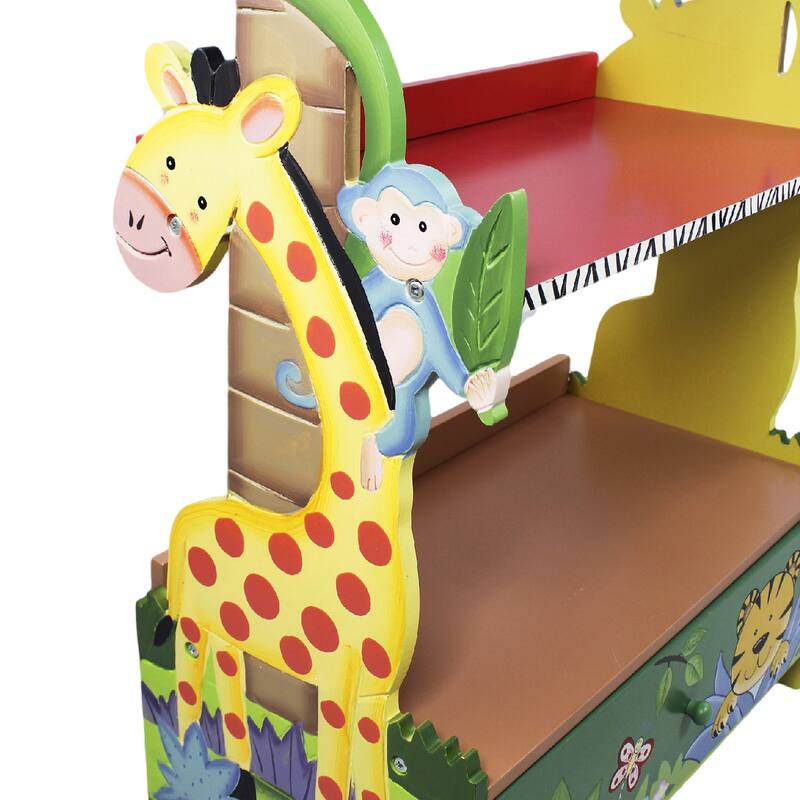 Fantasy Fields Sunny Safari Kids 3-Tier Bookshelf with Storage Drawer, Animal-Themed Wooden Bookcase for Toddlers and Children