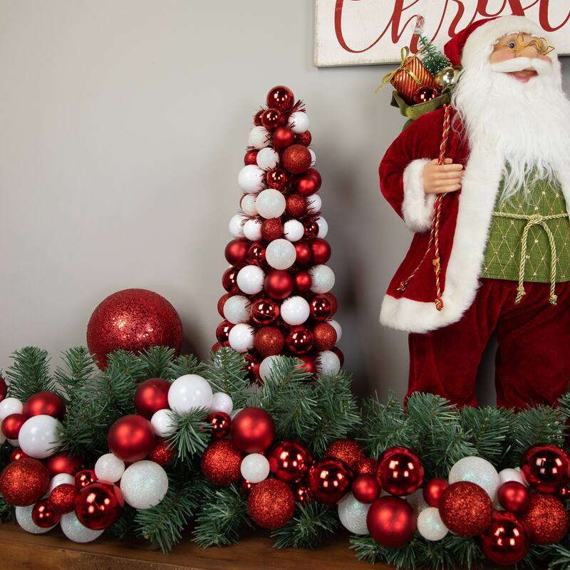 15.75" Red and White 3-Finish Shatterproof Ball Christmas Tree with Tinsel