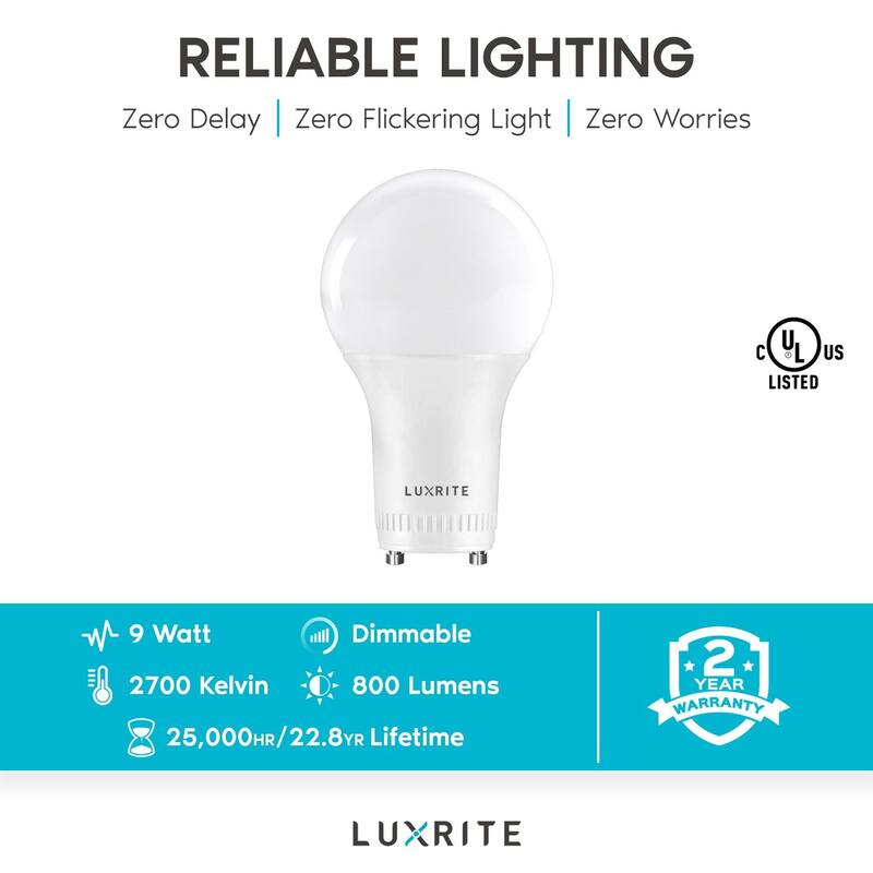Luxrite GU24 LED A19 Light Bulb 60W Equivalent, 800lm, Dimmable, 9W, Enclosed Fixture Rated, UL Listed, E26 Base, 6-Pack