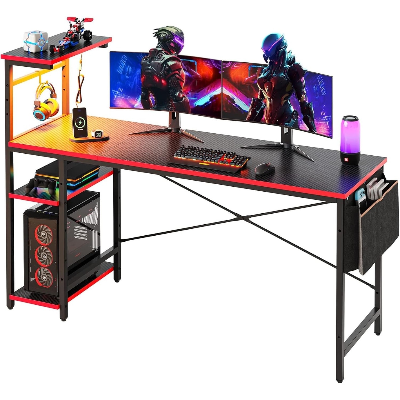 61 Inch Gaming Desk with LED Lights, Reversible Shelves, and Adjustable Height